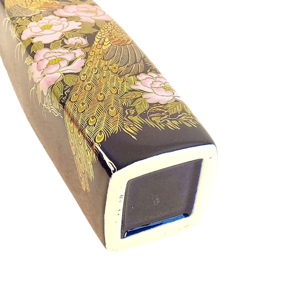 Asian Style Vase Peacock Pink Peonies Cobalt Blue Bright Gold Gilding Vintage 9" - Picture 10 of 11